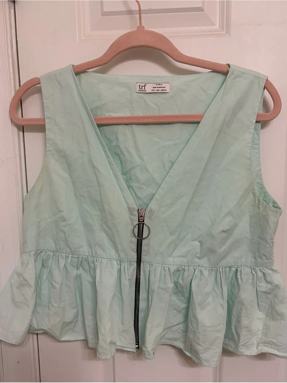 Zara Mint Green Sleeveless Zip-Peplum Top